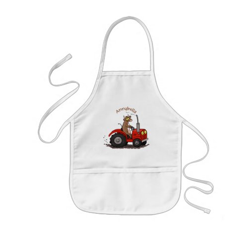 Cute happy cow driving a red tractor cartoon kids apron