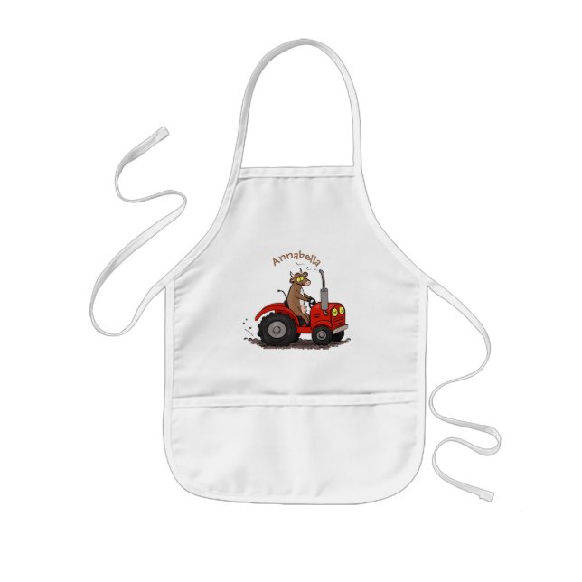 Cute happy cow driving a red tractor cartoon kids' apron (Front)