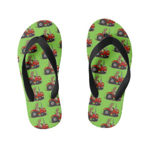 Cute happy cow driving a red tractor cartoon kid's flip flops