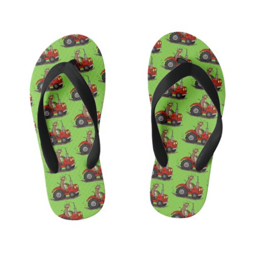 Cute happy cow driving a red tractor cartoon kids flip flops