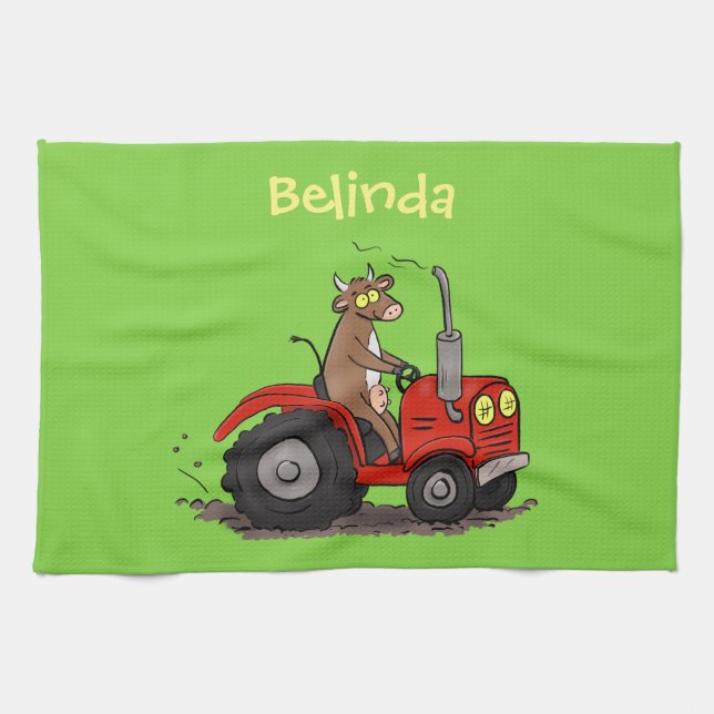 Cute happy cow driving a red tractor cartoon kitchen towel (Horizontal)
