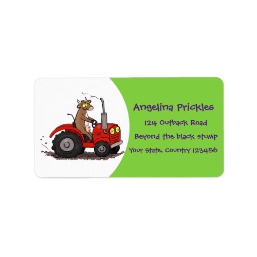 Cute happy cow driving a red tractor cartoon label