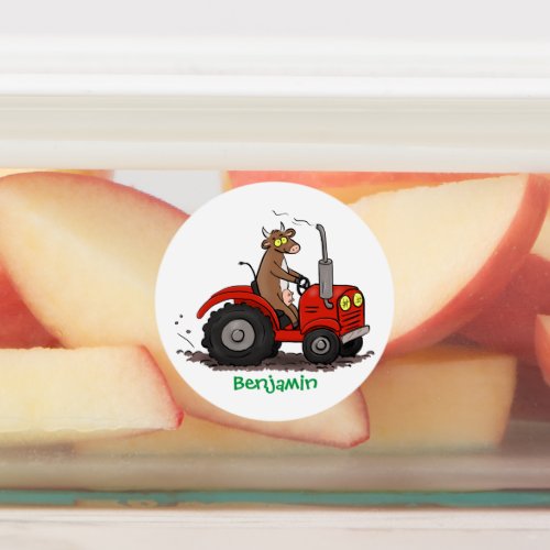 Cute happy cow driving a red tractor cartoon labels