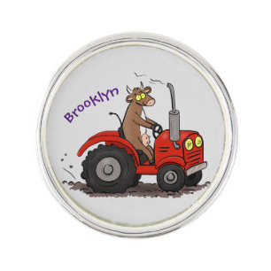 Cute happy cow driving a red tractor cartoon lapel pin