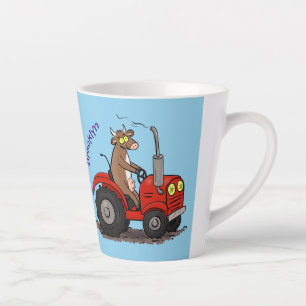 Cute happy cow driving a red tractor cartoon latte mug