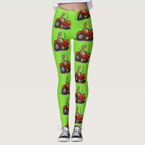 Cute happy cow driving a red tractor cartoon leggings
