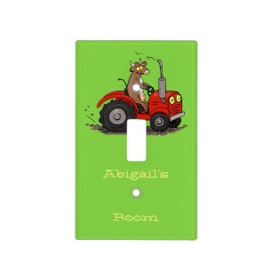 Cute happy cow driving a red tractor cartoon  light switch cover