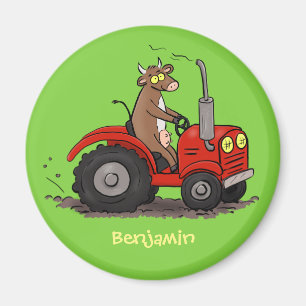 Cute happy cow driving a red tractor cartoon magnet