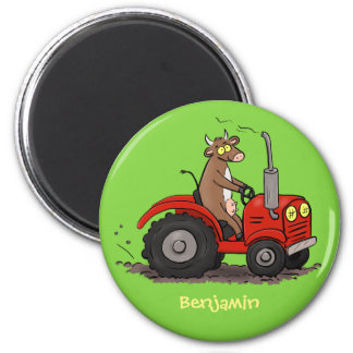Cute happy cow driving a red tractor cartoon magnet