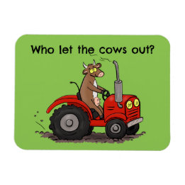 Cute happy cow driving a red tractor cartoon magnet