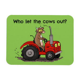 Cute happy cow driving a red tractor cartoon magnet