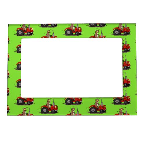 Cute happy cow driving a red tractor cartoon magnetic frame