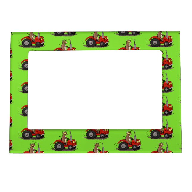 Cute happy cow driving a red tractor cartoon magnetic frame (Front)