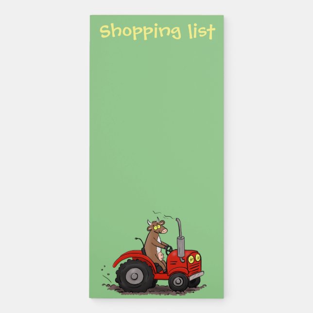 Cute happy cow driving a red tractor cartoon magnetic notepad (Front)