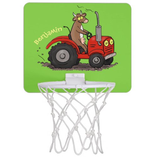 Cute happy cow driving a red tractor cartoon mini basketball hoop