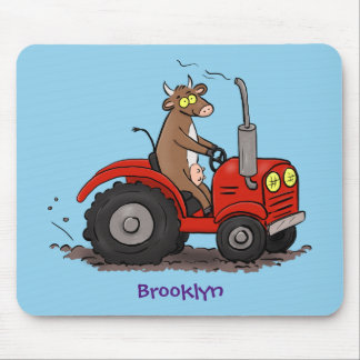 Cute happy cow driving a red tractor cartoon mouse pad