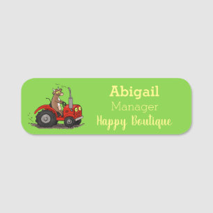 Cute happy cow driving a red tractor cartoon name tag