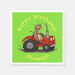 Cute happy cow driving a red tractor cartoon napkins