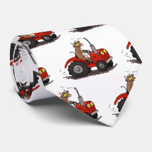 Cute happy cow driving a red tractor cartoon neck tie