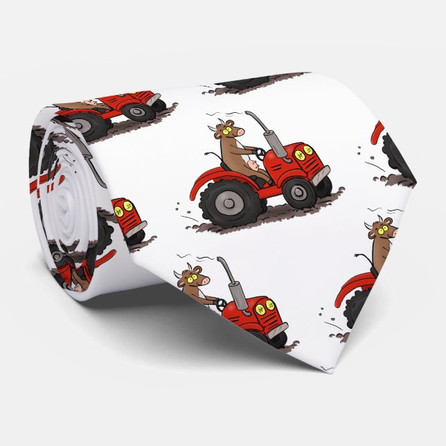 Cute happy cow driving a red tractor cartoon neck tie (Rolled)