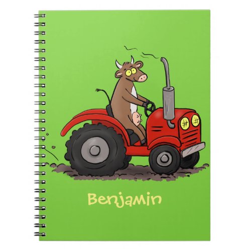 Cute happy cow driving a red tractor cartoon notebook