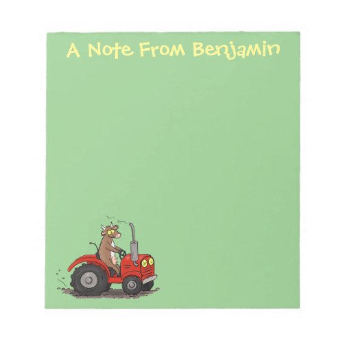 Cute happy cow driving a red tractor cartoon notepad