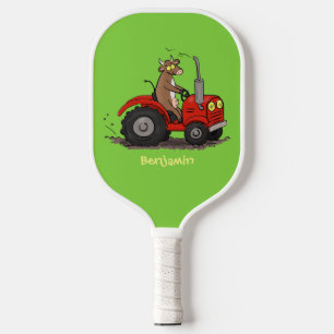 Cute happy cow driving a red tractor cartoon pickleball paddle