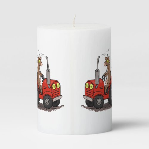 Cute happy cow driving a red tractor cartoon pillar candle