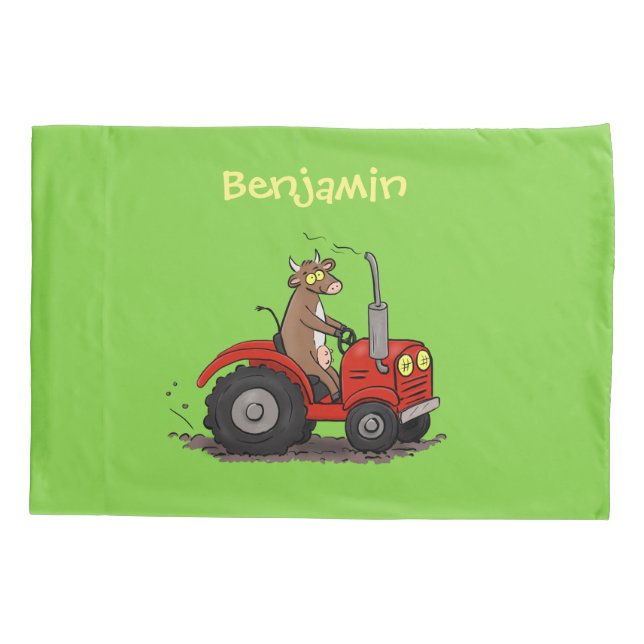 Cute happy cow driving a red tractor cartoon pillow case (Back)