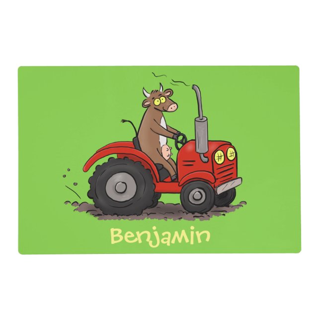 Cute happy cow driving a red tractor cartoon placemat (Front)