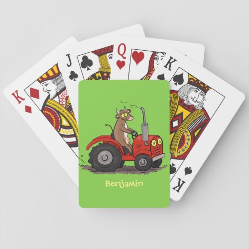 Cute happy cow driving a red tractor cartoon playing cards