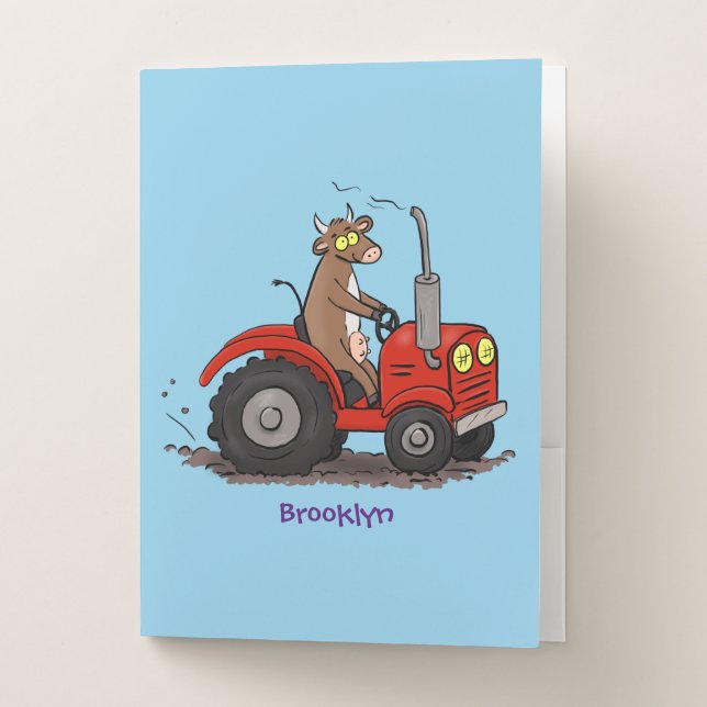 Cute happy cow driving a red tractor cartoon pocket folder (Front)