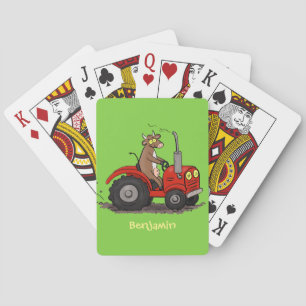 Cute happy cow driving a red tractor cartoon poker cards
