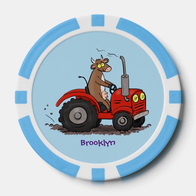 Cute happy cow driving a red tractor cartoon poker chips (Front)