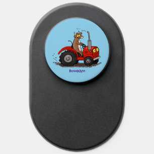Cute happy cow driving a red tractor cartoon PopSocket