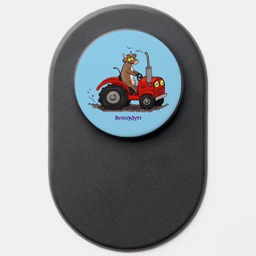 Cute happy cow driving a red tractor cartoon PopSocket