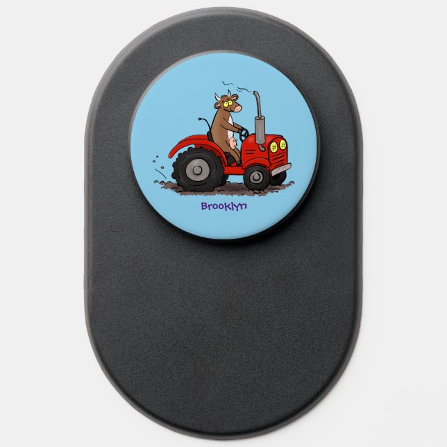 Cute happy cow driving a red tractor cartoon PopSocket (Popsocket)