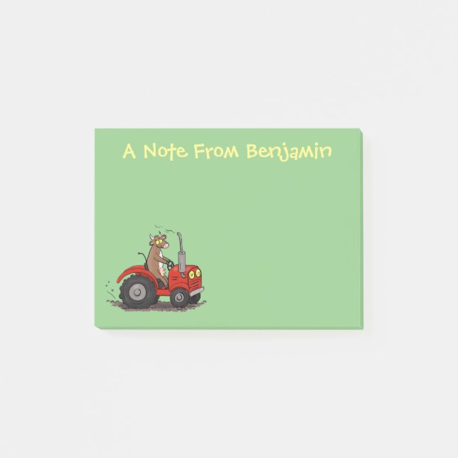 Cute happy cow driving a red tractor cartoon post-it notes (Front)