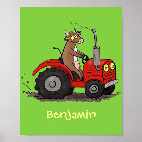Cute happy cow driving a red tractor cartoon poster