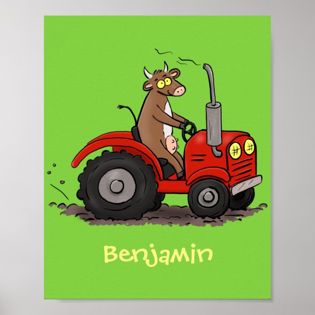 Cute happy cow driving a red tractor cartoon poster (Front)