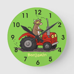 Cute happy cow driving a red tractor cartoon round clock