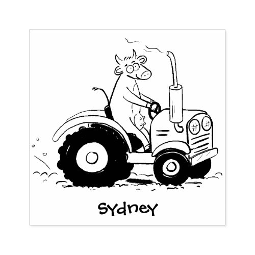 Cute happy cow driving a red tractor cartoon rubber stamp