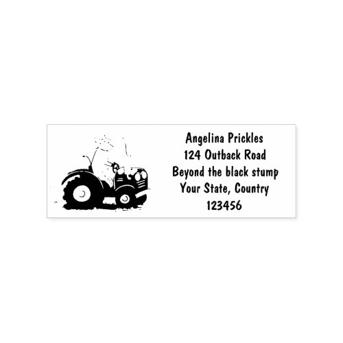 Cute happy cow driving a red tractor cartoon rubber stamp