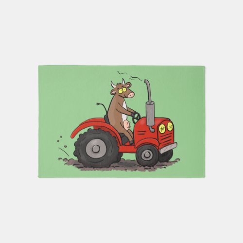 Cute happy cow driving a red tractor cartoon rug