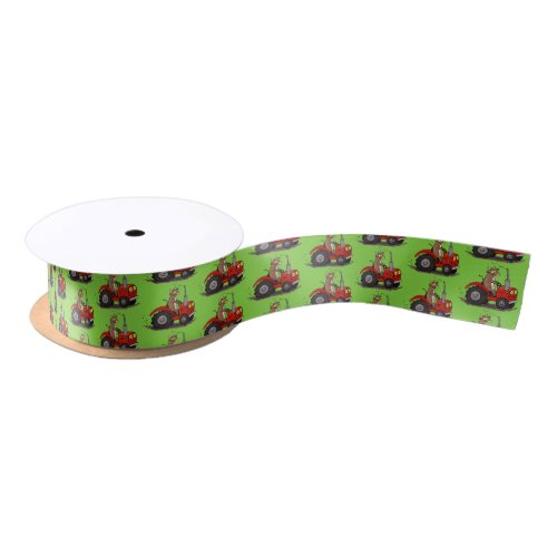 Cute happy cow driving a red tractor cartoon satin ribbon