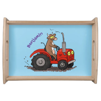 Cute happy cow driving a red tractor cartoon serving tray