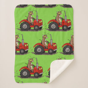 Cute happy cow driving a red tractor cartoon sherpa blanket