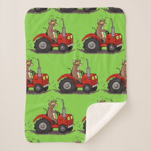 Cute happy cow driving a red tractor cartoon  sherpa blanket
