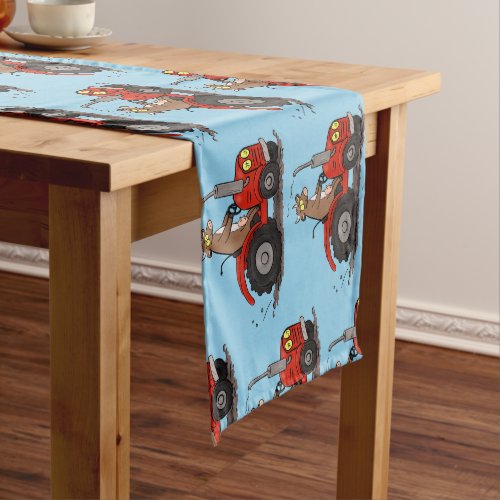 Cute happy cow driving a red tractor cartoon short table runner