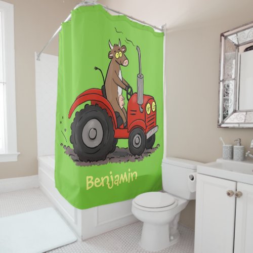 Cute happy cow driving a red tractor cartoon shower curtain